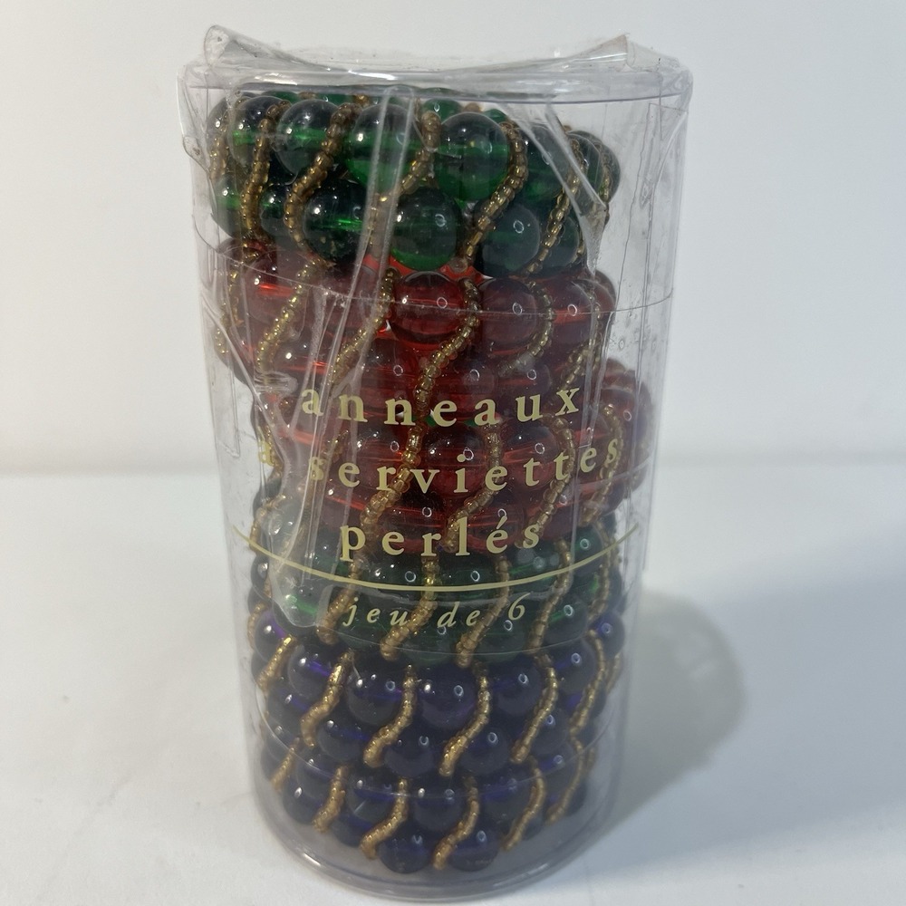 Pier 1 Imports Glass Beaded Napkin Rings Holders 6 Red Blue‎ Green Gold  Decor